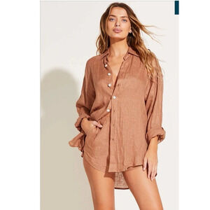 Vitamin A Linen Playa Boyfriend Shirt in‎ Desert Oversized Women Sz L
